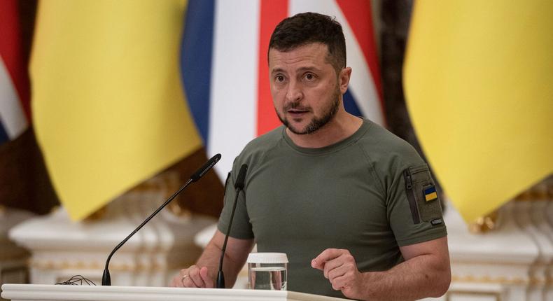 Ukrainian President Volodymyr Zelensky speaks as he and British Prime Minister Boris Johnson give a press conference on August 24, 2022 in Kyiv, Ukraine.Alexey Furman/Getty Images