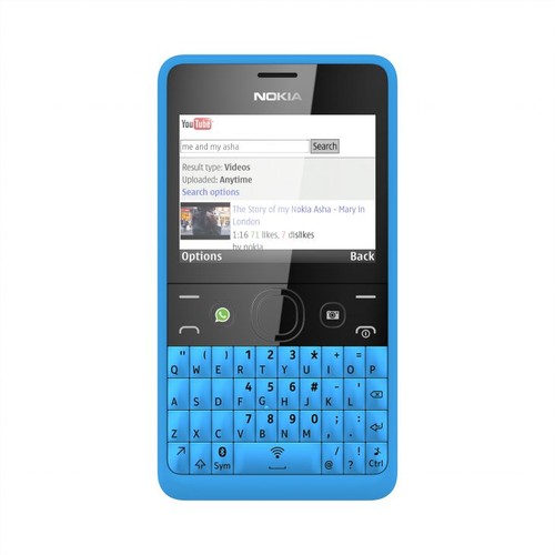 Nokia Asha 210
<br><br>
Ekran:  TFTm 2,4 cala
<br>
Pamięć: 10 MB pamięci flash +Slot na kartę microSDHC (do 32 GB)
<br>
Aparat: 2mpx
<br>
Komunikacja: Bluetooth 2.0+EDR, GPRS, EDGE
<br>
Wymiary: 111,5 x 60 x 11,8 milimetra
<br>
Waga: 99,5 grama (z akumulatorem)
<br>
Dodatki: przycisk WhatsApp i Nokia Slam