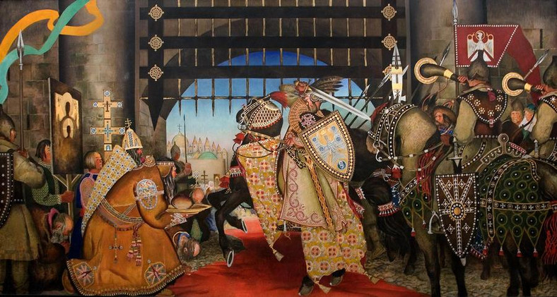 Chrobry uderzający mieczem w Złotą Bramę na obrazie Kazimierza Sichulskiego