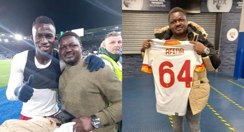 Afena-Gyan presents jersey to his SHS teacher after Roma’s game against Leicester