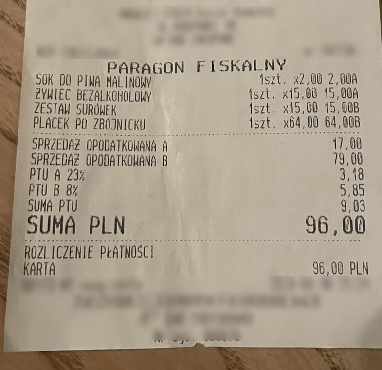 Paragon z restauracji na Krupówkach