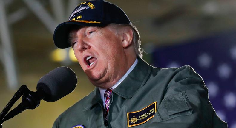 President Donald Trump speaking aboard the Gerald R. Ford nuclear aircraft carrier on Thursday at Newport News Shipbuilding in Newport, Virginia.