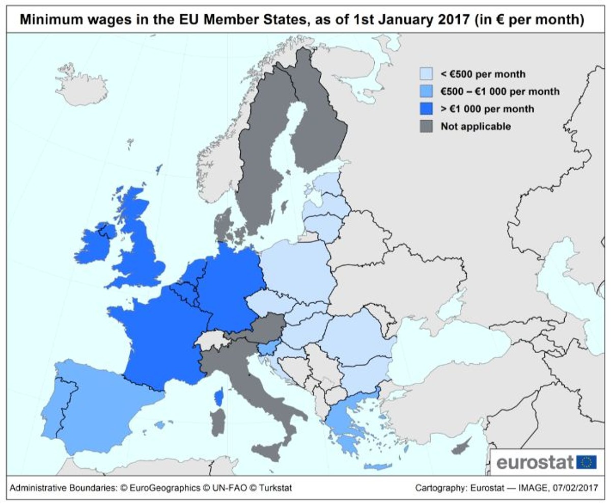 Wynagrodzenia minimalne w Unii Europejskiej, stan na dzień 1.01.2017