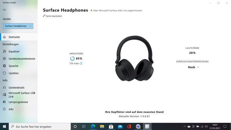 W aplikacji Surface można skonfigurować brzmienie słuchawek