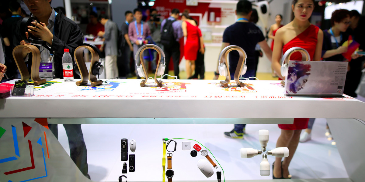 Products from China's e-commerce company JD.com at Consumer Electronics Show Asia 2016 in Shanghai, China, on May 12.