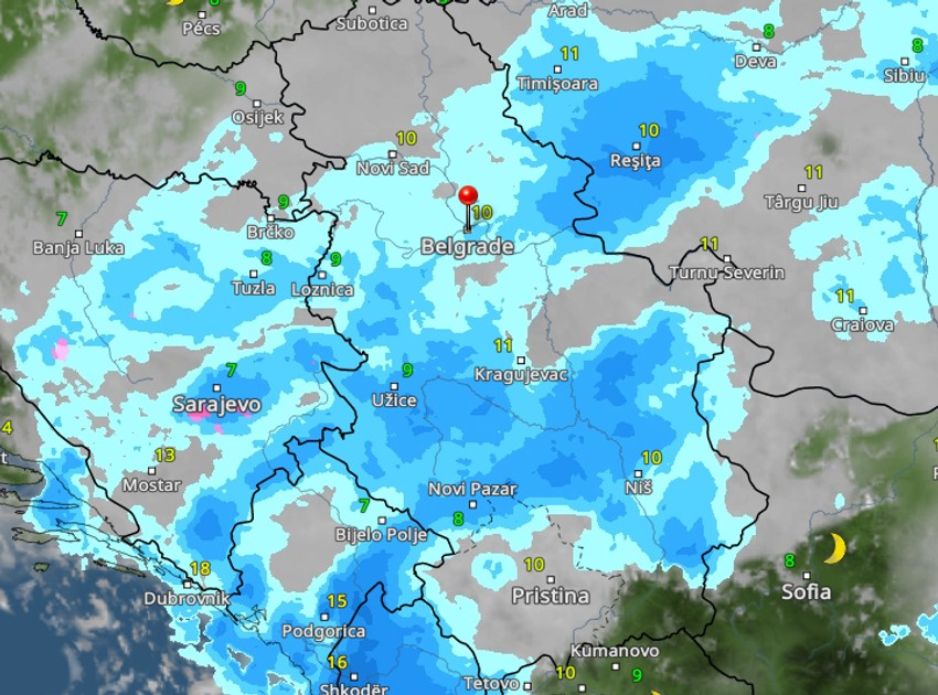 Kretanje nevremena u ponoć nedelja na ponedeljak