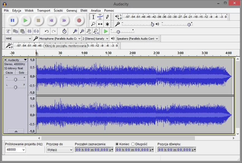 Audacity posiada prosty w obsłudze graficzny interfejs użytkownika (GUI)