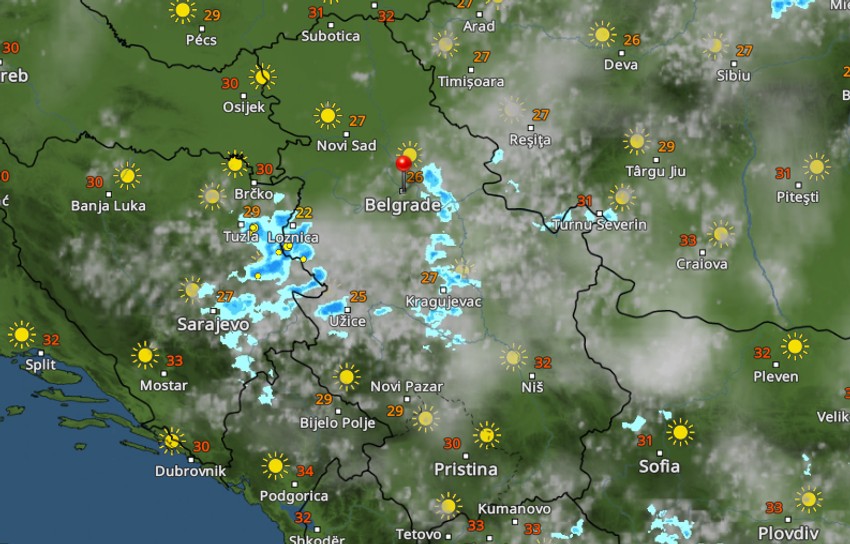 Kretanje padavina u Srbiji u 18 časova