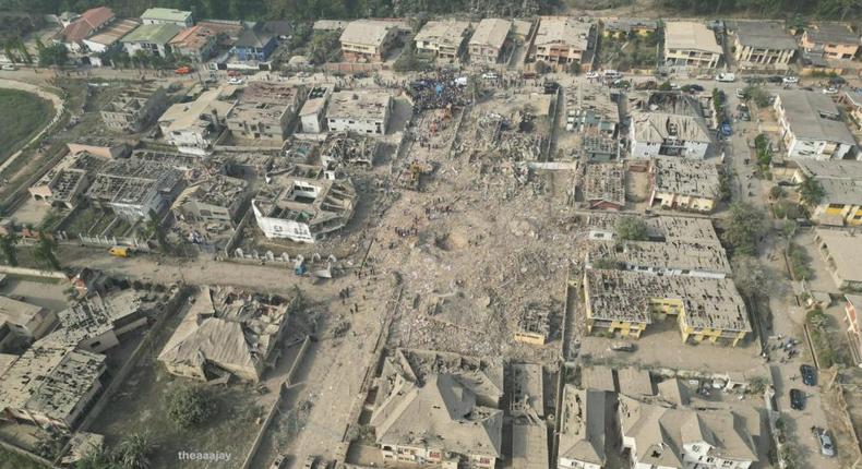 The aerial view of the aftermath of the explosion that rocked Ibadan on Tuesday, January 16, 2024. [Lateef Aremu/Twitter]