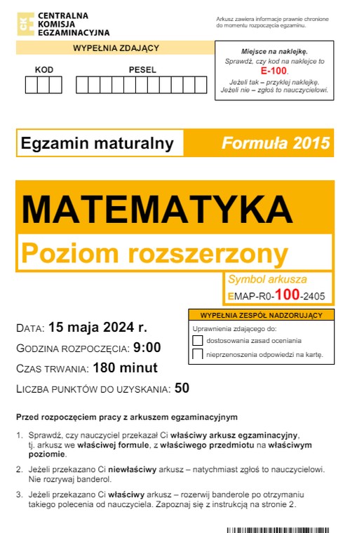 Matura 2024. Matematyka - poziom rozszerzony [ARKUSZE CKE i ODPOWIEDZI]