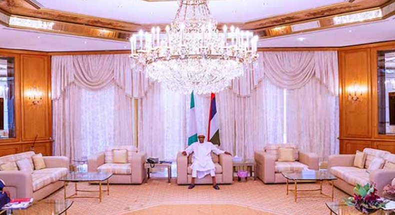 President Muhammadu Buhari meets Health Minister, Dr Osagie Ehanire and the Director General, Nigeria Centre for Disease Control, Chikwe Ihekweazu at the State House on Saturday, March 28, 2020.  (Presidency)
