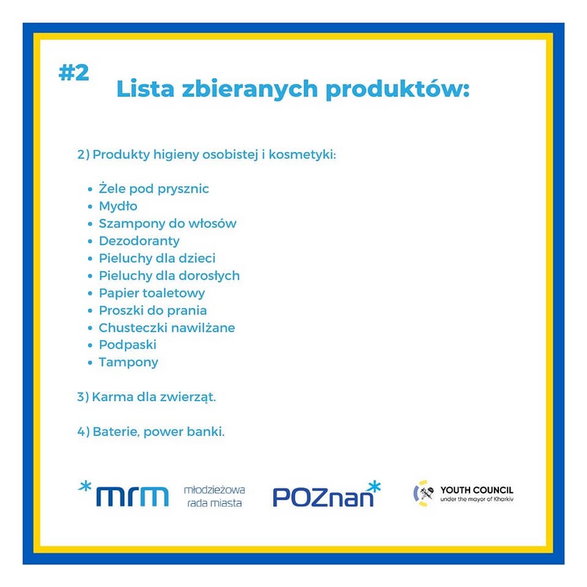 Lista artykułów higienicznych zbieranych w ramach akcji;  Młodzieżowa Rada Miasta Poznania