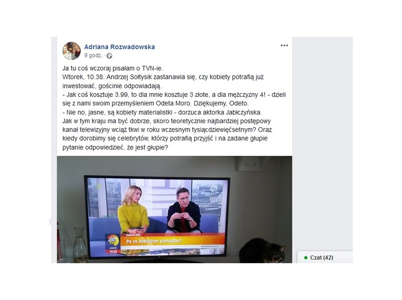 Screen z postu na Facebooku Adriany Rozwadowskiej