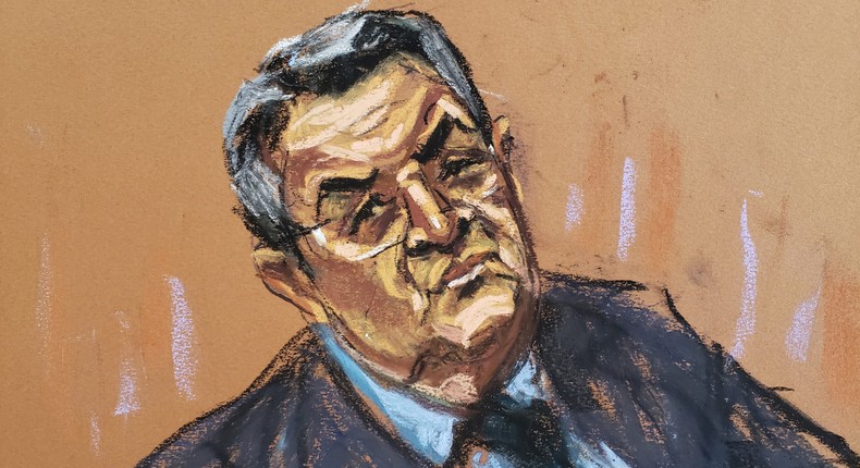 A courtroom sketch of former Honduras President Juan Orlando Hernandez at his trial on drug trafficking charges in Manhattan federal court on February 20, 2024.REUTERS/Jane Rosenberg