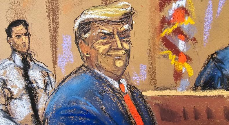 In this courtroom sketch, former President Donald Trump smiles to the jury pool as he is introduced to them at the beginning of his New York criminal trial.Jane Rosenberg/Pool Photo via AP