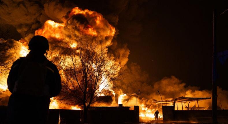 A fire at an oil depot following a Russian drone strike on February 10, 2024, in Kharkiv, Ukraine.Global Images Ukraine via Getty Images