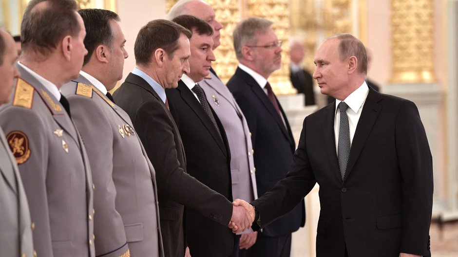 Władimir Putin przyjmuje na Kremlu oficerów wojska i służb specjalnych (kwiecień 2019 r.)