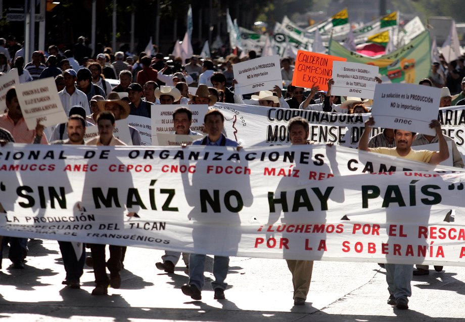 Protesters march on the streets of Mexico City, January 31, 2007. Thousands of farmers and trade unionists protested against the rising price of tortillas. The banner reads "Without corn, there is no country."