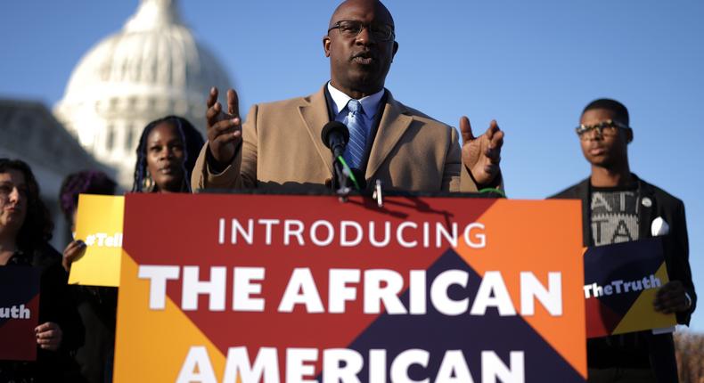 Rep. Jamaal Bowman (D-NY) (C) speaks during a news conference in front of the U.S. Capitol December 14, 2021 in Washington, DC.Alex Wong/Getty Images