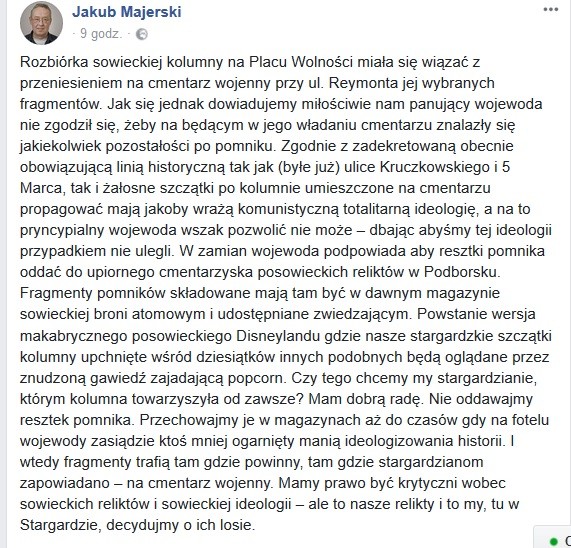 Wpis Majerskiego na Fb