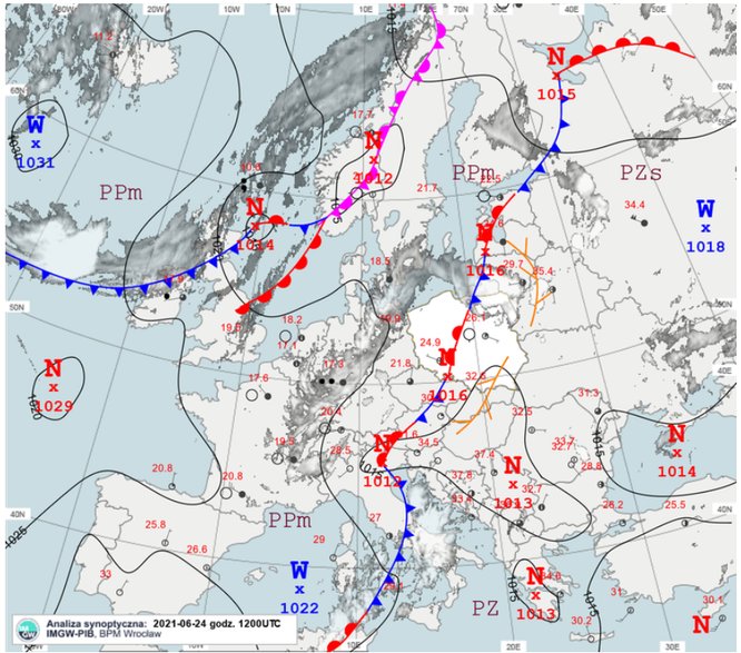 Mapa synoptyczna IMGW, 24.06.2021, 12 UTC