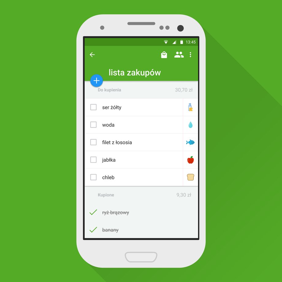 Wygląd listy zakupów w aplikacji Listonic