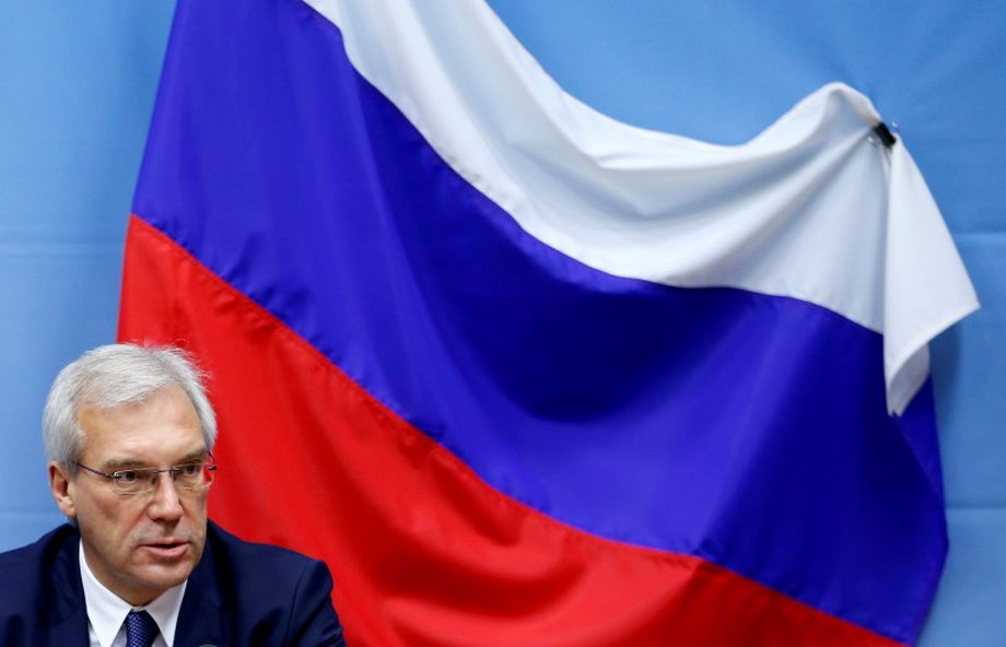 Russian NATO Ambassador Alexander Grushko addresses a news conference after the NATO-Russia Council in Brussels.