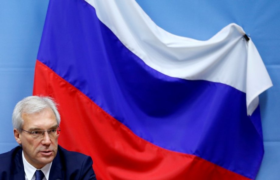 Russian NATO Ambassador Alexander Grushko addresses a news conference after the NATO-Russia Council in Brussels.