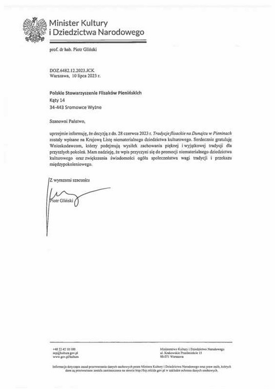 List wysłany do flisaków przez ministra Glińskiego