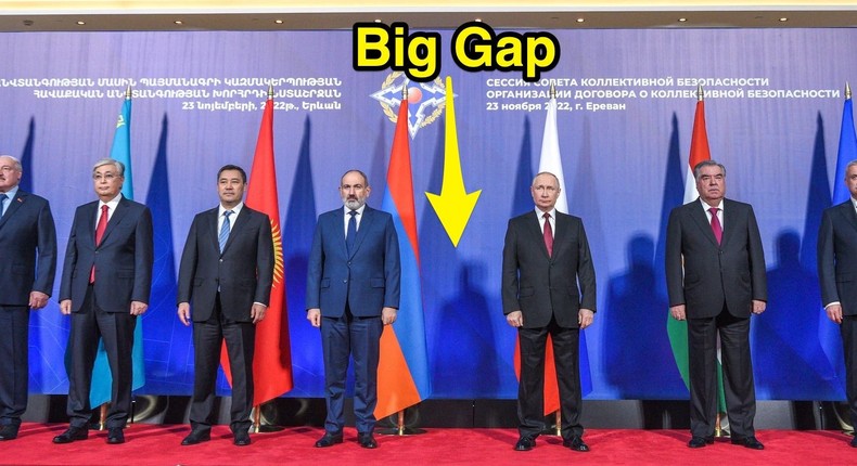 Armenia's prime minister and Russia's president among other Collective Security Treaty Organization (CSTO) leaders in Yerevan, Armenia, on November 23, 2022.KAREN MINASYAN / AFP via Getty Images; Insider