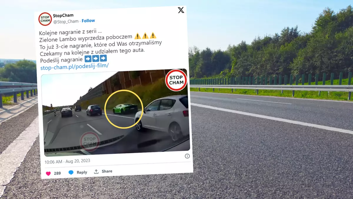 Zielone Lamborghini Huracan łamie przepis za przepisem (Screen: Twitter.com/@Stop_Cham)