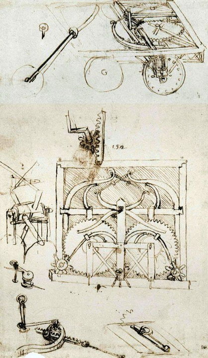 Jeszcze na koniec z działu maszyn: projekty wózków samobieżnych, ok. 1478 (domena publiczna).