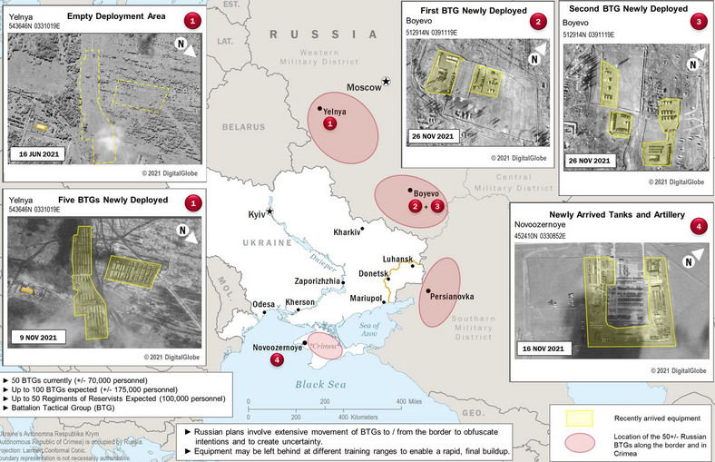 Mapa z rozmieszczeniem wojsk rosyjskich wokół Ukrainy na przełomie listopada i grudnia 2021 r. Nietajne dane wywiadowcze USA, uzyskane początkowo przez "The Washington Post", wskazywały na możliwość inwazji
