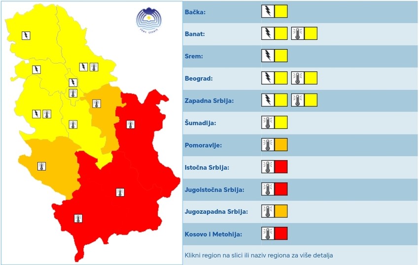 Meteoalarm za utorak, 22. jul