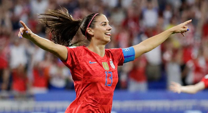 United States' Alex Morgan celebrates after scoring her side's second goal during the Women's World Cup semifinal soccer match between England and the United States, at the Stade de Lyon, outside Lyon, France, Tuesday, July 2, 2019. (AP Photo/Alessandra Tarantino)