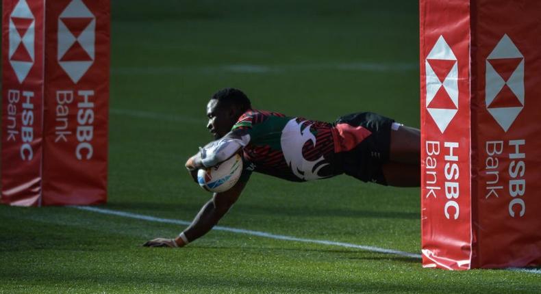 Nelson Oyoo of Kenya scores a try during Canada 7S vs Kenya 7S, HSBC World Rugby Seven Series Bronze Final match at the Commonwealth Stadium in Edmonton. On Sunday, 26 September 2021, in Edmonton, Alberta, Canada. (Photo by Artur Widak/NurPhoto via Getty Images)
