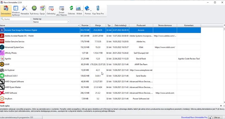 W głównym oknie programu wybieramy program i w celu jego usunięcia klikamy  na górnym pasku na Odinstaluj
