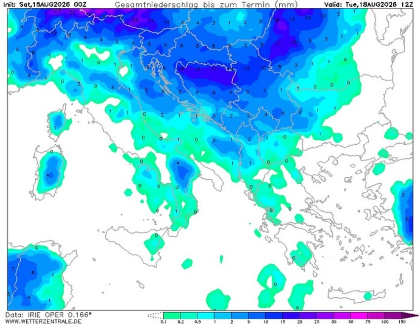 Mapa padavina u noći između ponedeljka i utorka
