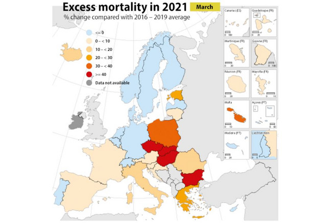 Miesięczna nadmierna śmiertelność jako proc. dodatkowych zgonów w porównaniu do średnich miesięcznych zgonów w latach 2016-2019 w marcu 2021 r