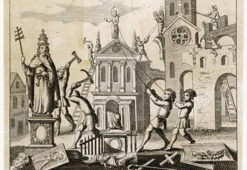 Purytanie niszczący rzeźby religijne, ilustracja