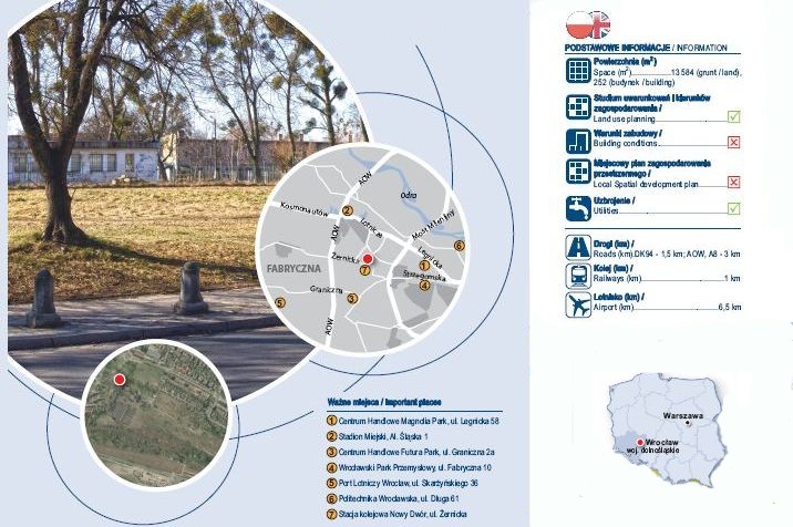 Wrocław, ul. Hermanowska, Kołobrzeska - nieruchomość położona jest w strefie śródmiejskiej stolicy Dolnego Śląska, na atrakcyjnym osiedlu Kuźniki, w dzielnicy Fabryczna, 6 km od centrum miasta. W pobliżu znajdują się galerie handlowe oraz nowoczesny Stadion Miejski, dwie stacje kolejowe, a także Autostradowa Obwodnica Wrocławia i lotnisko. Na działce (powierzchnia: 13 584 mkw.) znajdują się mało funkcjonalne, niskie budynki o łącznej powierzchni 252 mkw.  Ze studium uwarunkowań i kierunków zagospodarowania przestrzennego miasta wynika, że teren ten przeznaczony jest pod zespoły urbanistyczne mieszkaniowe, wielorodzinne, z usługami towarzyszącymi. Zdj. Nieruchomości PKP Wrocław ul. Hermanowska/Kołobrzeska - źródło: PKP
