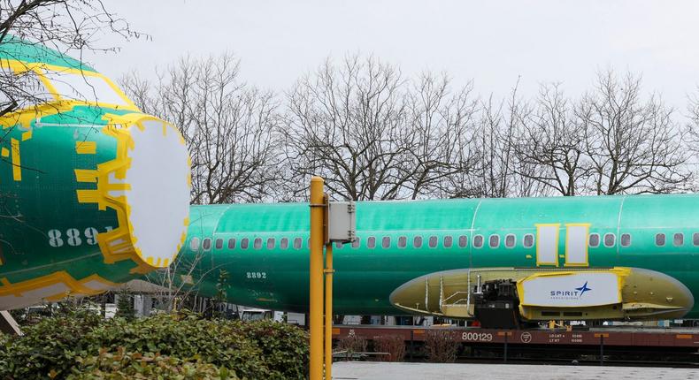 The Spirit AeroSystems logo is pictured on an unpainted 737 fuselage as Boeing's 737 factory teams hold the first day of a Quality Stand Down for the 737 program at Boeing's factory in Renton, Washington on January 25, 2024.Jason Redmond/AFP via Getty Images