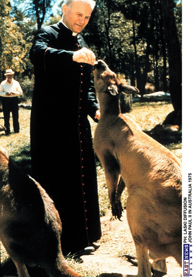 Kard. Karol Wojtyła karmi kangury w Australii, 1973 r.