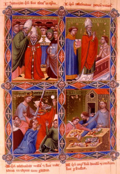 Cztery sceny z życia Św Stanisława (od góry)- mianowanie na biskupa, Wskrzeszenie Piotrowina, zamordowanie przez króla oraz ćwiartowanie ciała