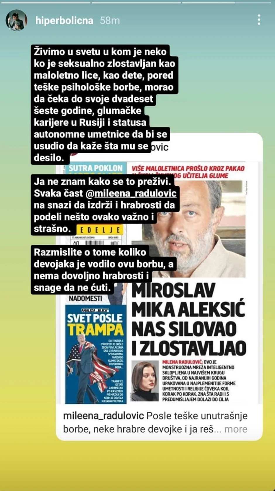 Objava Milene Grujić na Instagramu