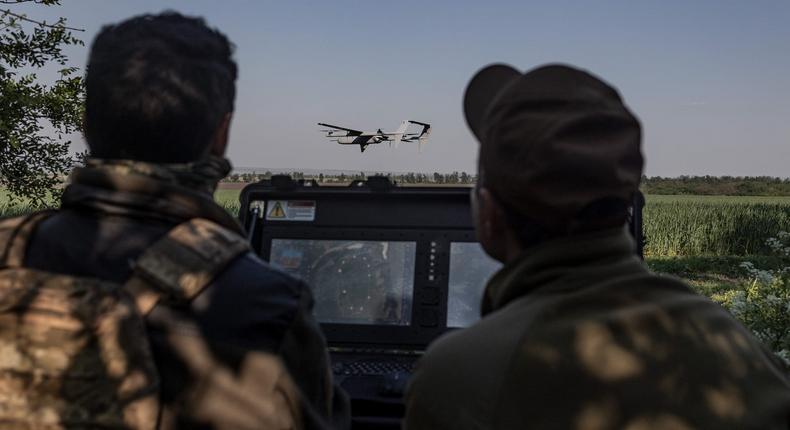 Ukrainian soldiers of the 22nd brigade operating a drone during training in Donetsk, Ukraine, May 3, 2024.Diego Herrera Carcedo/Anadolu via Getty Images