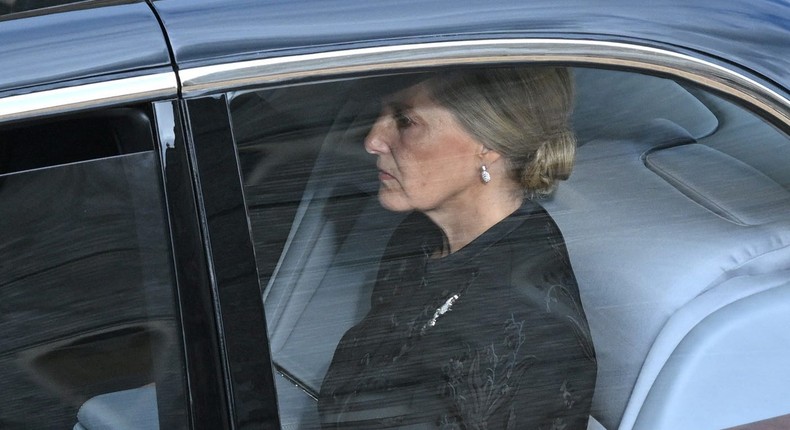 Sophie, Duchess of Edinburgh, follows in a car as the coffin of Queen Elizabeth II, aboard the State Hearse, travels inside Windsor Castle on September 19, 2022.GLYN KIRK/Pool via REUTERS