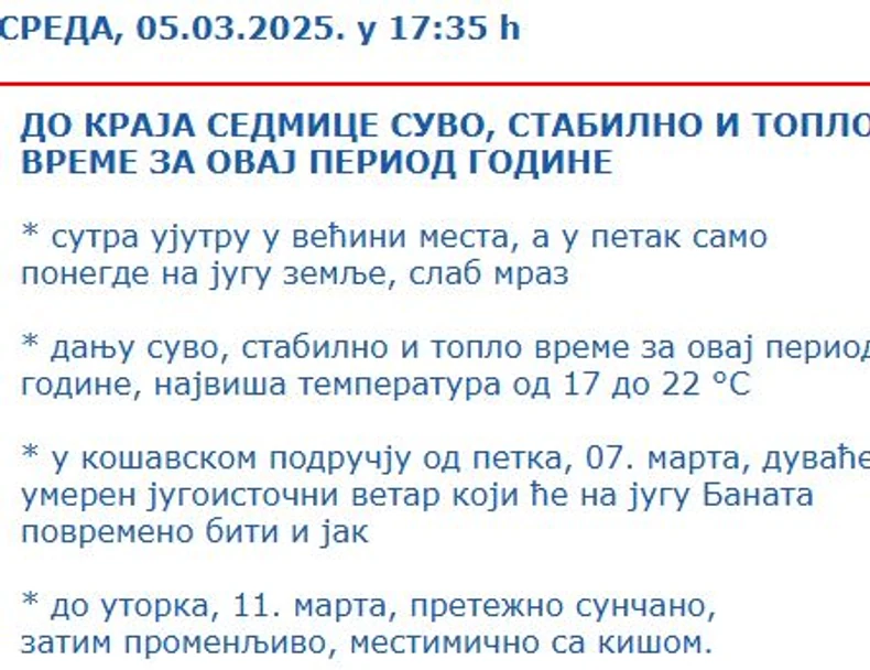 RHMZ najava vremenske prognoze