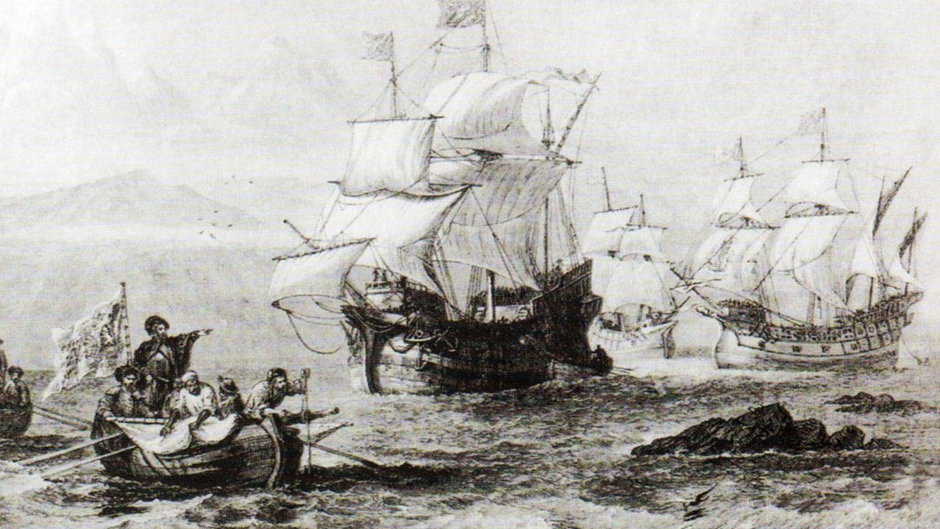 Ferdynand Magellan przepływa cieśninę nazwaną później na jego cześć (domena publiczna).