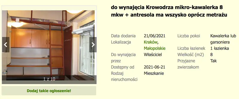 Ogłoszenie dotyczące wynajmu 8-metrowej mikrokawalerki